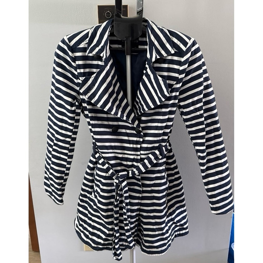 Express Women's Blue White striped double-breasted trench coat with belt Size M